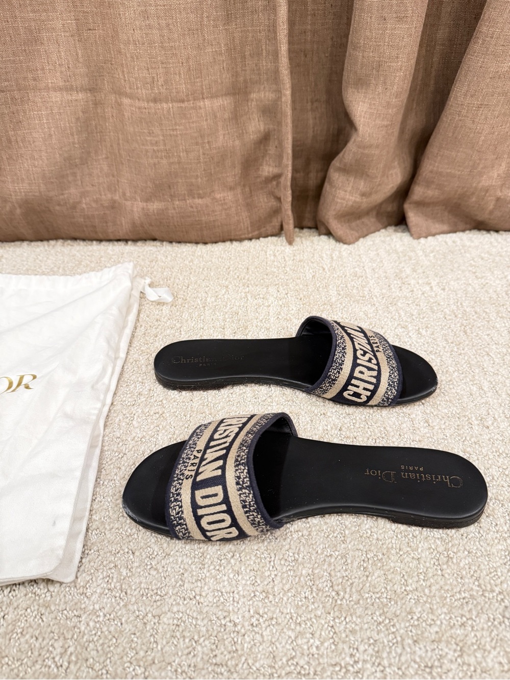 Dior Deep Blue & Beige Embroidered Logo Slide Sandals - Picture 4 of 10